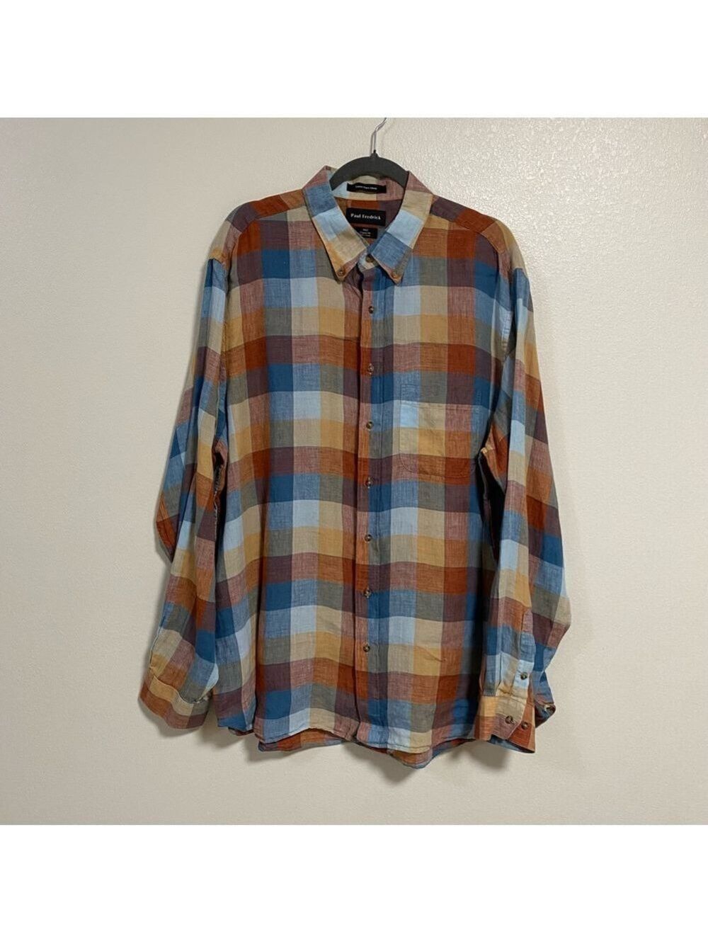 Paul Fredrick Shirt Men’s Size XXLT Blue Orange Plaid Linen button up Shirt